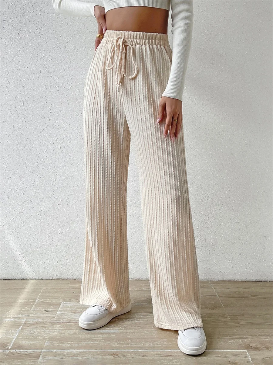 Women Knit Wide Leg Pants Textured Bow Elastic Waistband Loose Casual Pull On Sweater Trousers