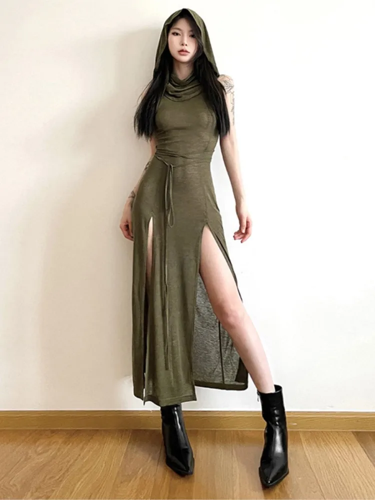 

Summer 2025 Sexy Style Sleeveless Hooded Dress Long Split Slit Dresses Pure Color Women's Gown Vestidos Para Mujer Long Dresses