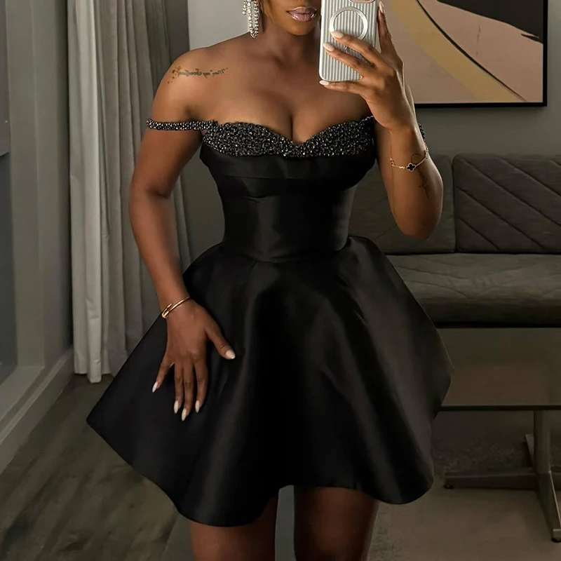 Casual Sleeveless High Waist Party Dress Black Sequin Patchwork Slim A-line Dress Lady Sexy Off Shoulder Pleated Suspender Dress