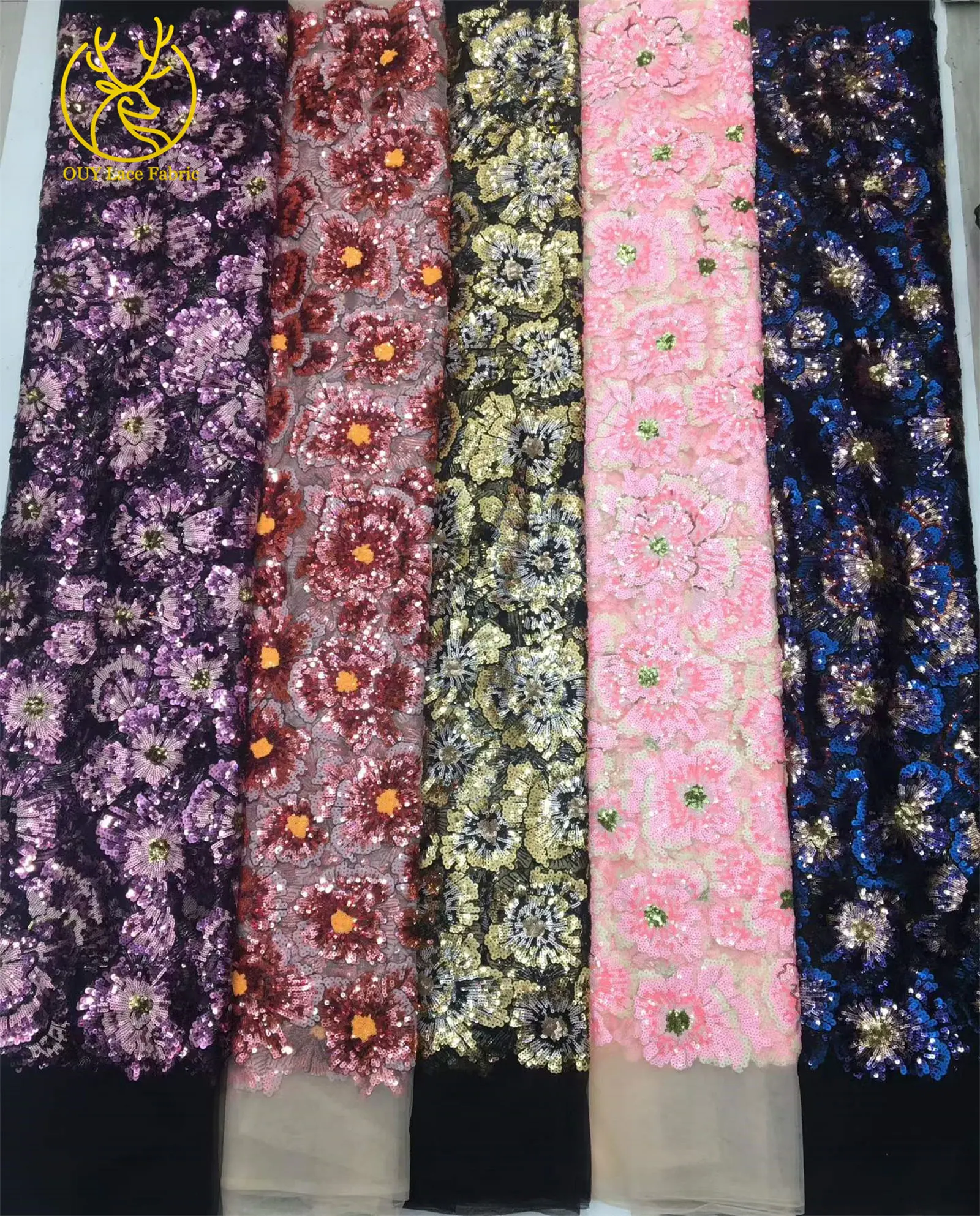 Afrikanischer Pailletten-Stickerei-Tüll-Spitzenstoff, französischer Pailletten-Perlen-Spitzenstoff, nigerianische Braut-Hochzeitsdekoration, zum Nähen, 5 Yards – Detail 4