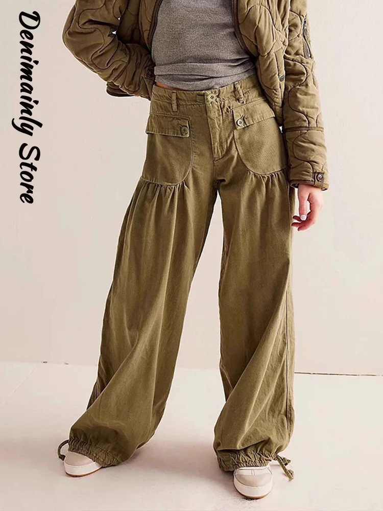 

Винтажные эластичные брюки со средней посадкой и манжетами на шнурке, женские плиссированные широкие брюки с карманами, весна 2026, повседневные уличные джинсы