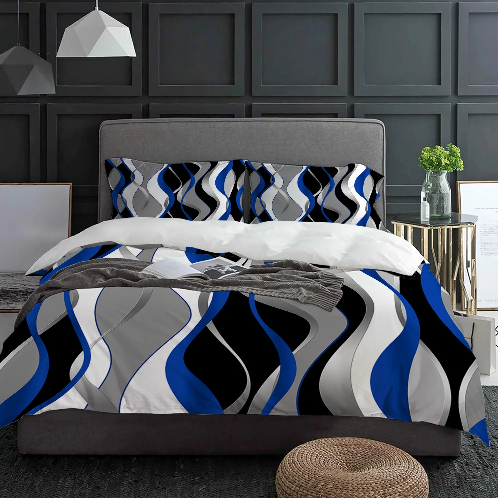 Geometry Abstract Line Blue Black 3pcs Bedding Set For Double Bed Home Textile Duvet Cover Quilt Cover Pillowcase 3
