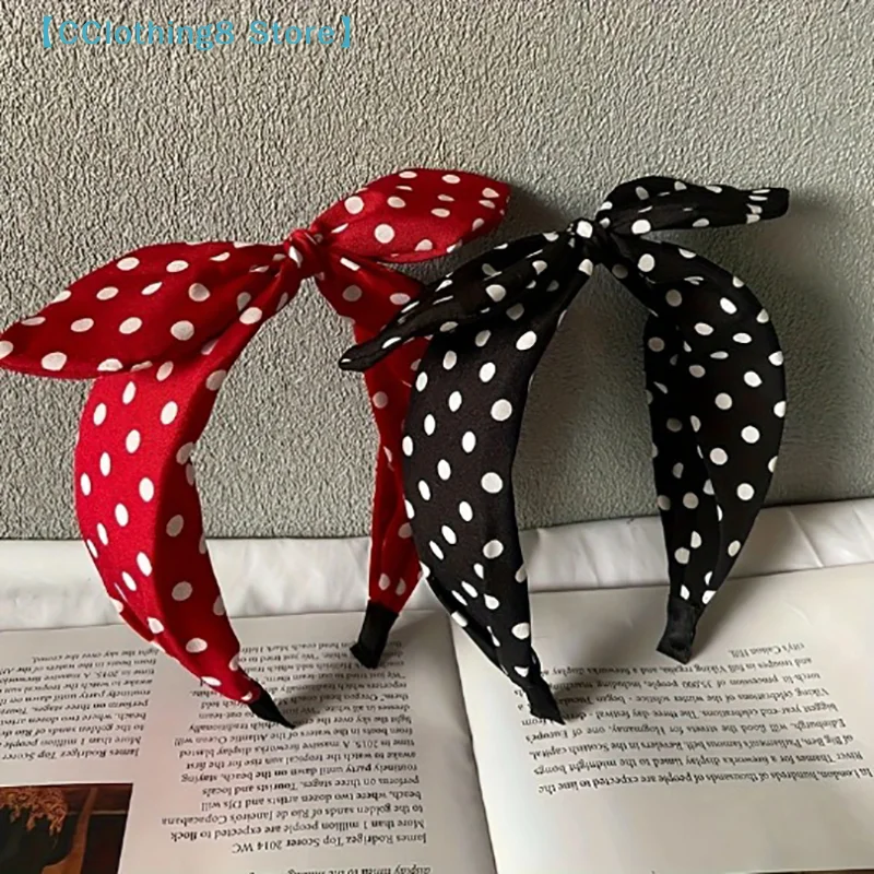 1Pcs Solid Color Fabric Polka Dot Bow Head Scarf Wire Headband For Temperament Wide Headband Girl's Makeup Hairband【AliS8】