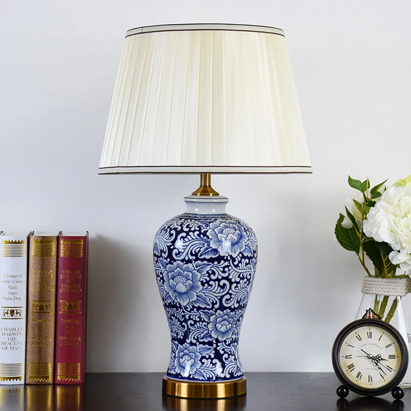 OUFULA American CeramicTable Lamp Blue Classical Creativity Living Room Bedroom Study Hotel engineering Desk Light
