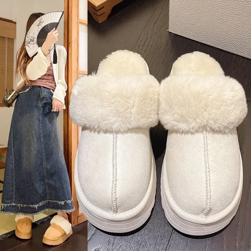 Snow Boots Fur Fur Slippers Female Wearing 2024 New Baotou Flat Half Drag Thick Sole Cotton Shoes Women Boots