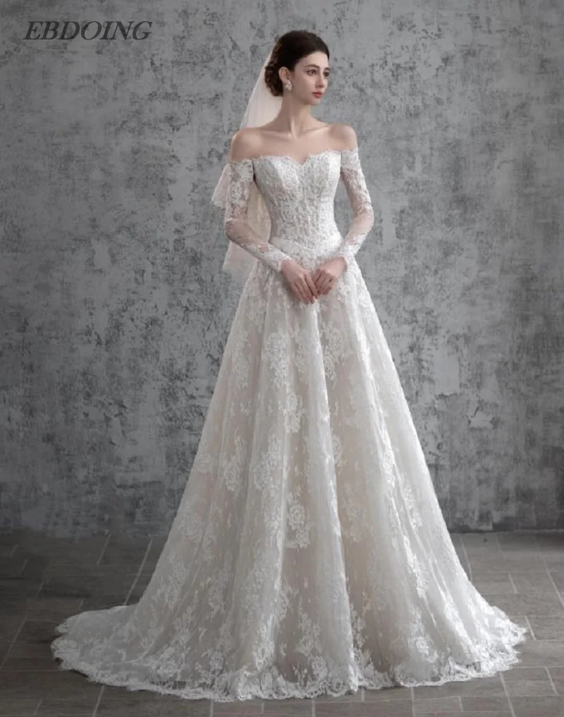 

New Arrive Wedding Dresses A-Line Lace Elegant Sweetheart Neckline Off The Shoulder Long Sleeves Customized Vestidos De Novias