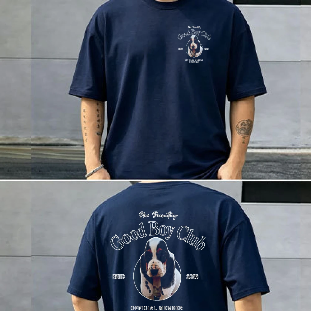 Good Boy Club Basset Hound Circular Vintage Badge Est 2025 Letter Print T Shirt Cotton Tee Classic Puppy Club Retro Casual Tops