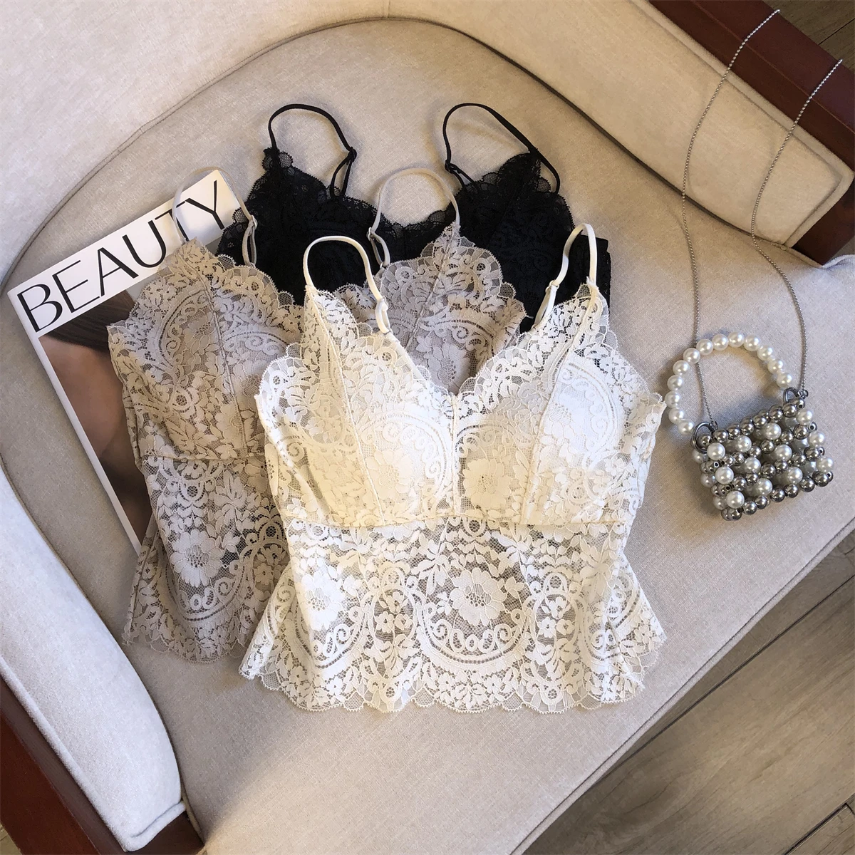 

Sexy Lace Back V-Neck Crop Top Women's Thin Outerwear Trendy Strapless Bralette Sweet Style High Waist Slim Fit Summer Casual