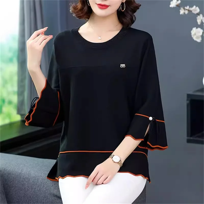 Fat Mom Large Summer New Ice Silk Shirt 3/4 Sleeves Round necked T-shirt Knit Sweater Loose Fitting Top For Wearing Outwear Top