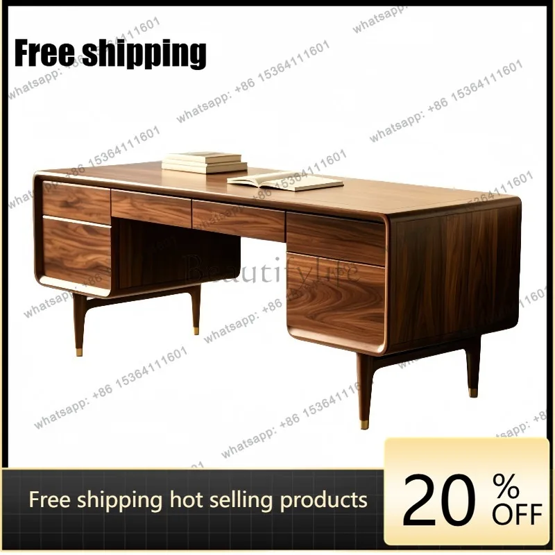 YJ modern simple solid wood desk household multi-drawer storage table black walnut