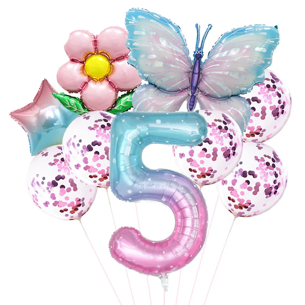 9pcs Butterfly Number Balloons Set 5th Birthday Decor for Girls Butterfly Themed Birthday Party Wedding Baby Shower Decors