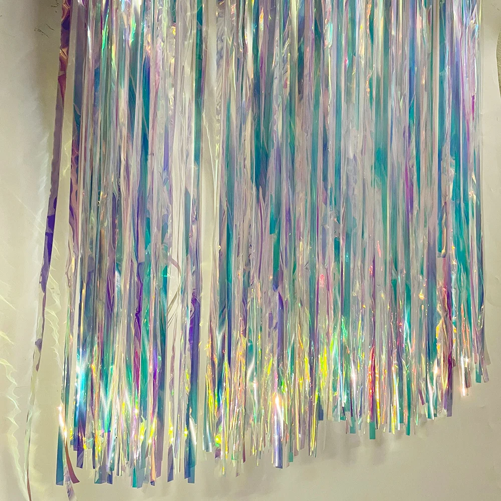 

Iridescent Party Streamers Backdrop Neon Transparent Holographic Tinsel Foil Fringe Curtain for Mermaid Unicorn Birthday Decor