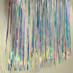 Iridescent Party Streamers Backdrop Neon Transparent Holographic Tinsel Foil Fringe Curtain for Mermaid Unicorn Birthday Decor