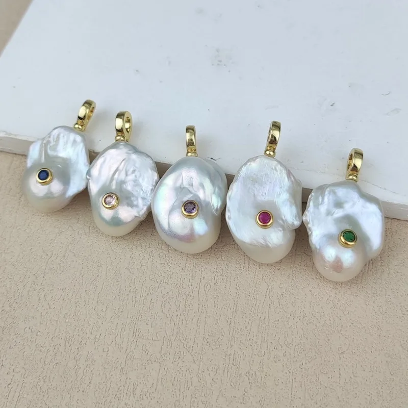 WT-JP529 Good Qualify Colorful Zircon And Natural Baroque Pearl Gold Pendant For Women Elegant Fashion Earrings Jewelry Making
