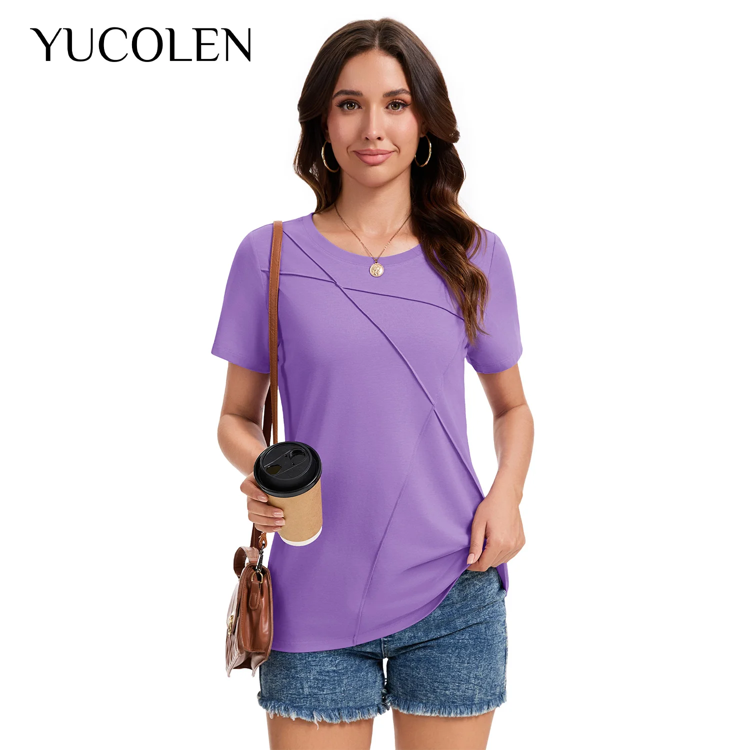 YUCOLEN Women Crew Neck Short Sleeve Solid Seamed Stitching Tee UPF50+ Lightweight Wrinkle Resistant Curved Hem Casual Summer To