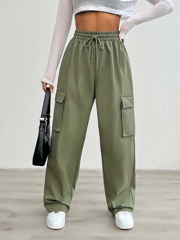 2024 Women New Overalls Elastic Drawstring Waist Pants Wide Leg Baggy Trousers Y2k Streetwear Oversize Sweatpants With Pocket