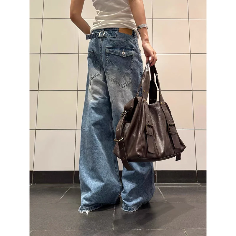 YIBASHU Women Baggy Blue Jeans Y2k Japanese Streetwear Denim Pants Wide Fit American Retro Grunge Hip-pop Harajuku Cowboy 2000s