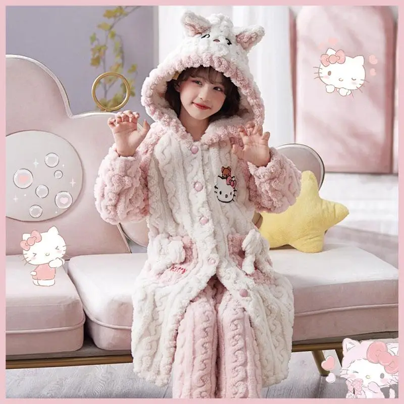 Children's Coral Fleece Sanrioed Kuromi Plush Pajamas Robe Thicken Warm Cute Hello Kittys Girls Autumn Winter Cartoon Home Wear