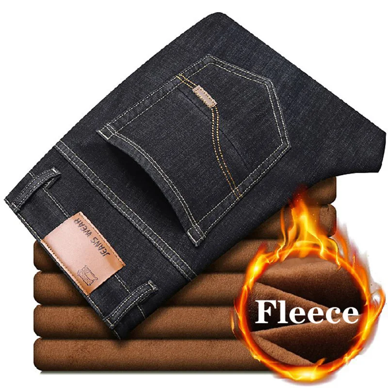 Merk Herfst Winter Warm Massaal Denim Zachte Man Activiteiten Fleece Lijn Heren Jeans Zwart Blauw Grijs Kleuren
