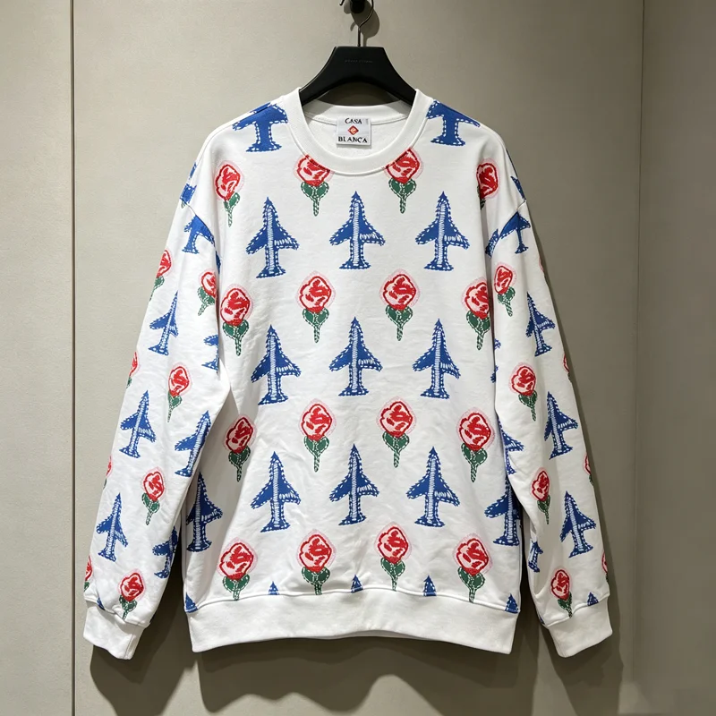 

White Casablanca Rose Flower Airplane Print Sweatshirts Men Women High Quality Loose Hoodie Pullovers Winter