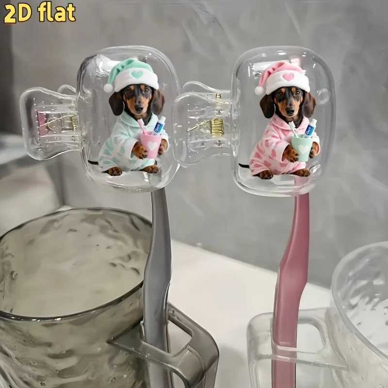 2pcs Dachshund in Pajamas Holding a Toothbrush Cup Toothbrush Head Cover Must-Have Bathroom Accessory for Home and Travel