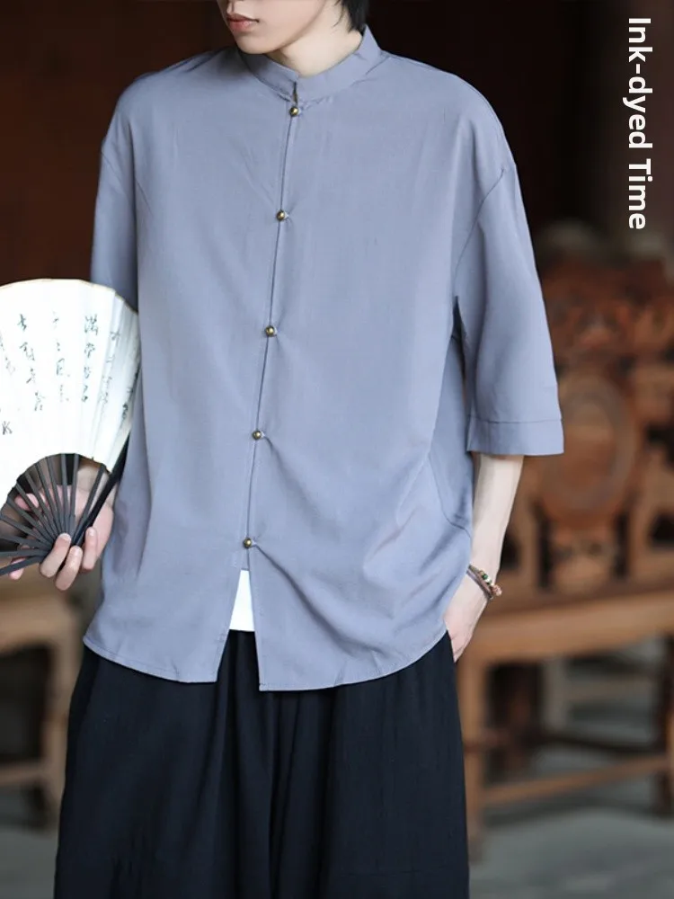 

New Chinese Sle Copper Bule Stand Collar Tang Suit Ice Silk ort Sve irt Men Summer Thin Seven Sve Hanfu Men's Z...