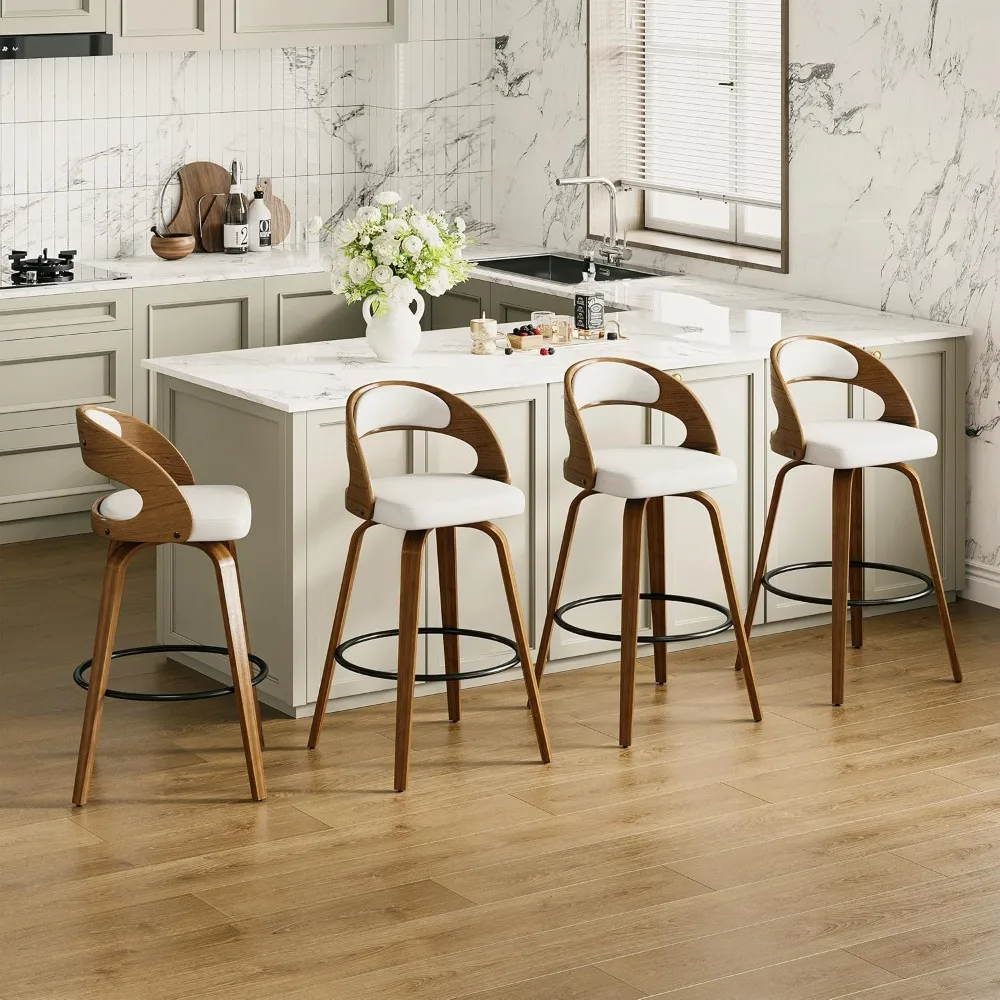 كراسي بار ذات ارتفاع دوار، كراسي بار من الجلد الصناعي مع مسند ظهر وأرجل خشبية صلبة ومسند للقدمين، عداد #1