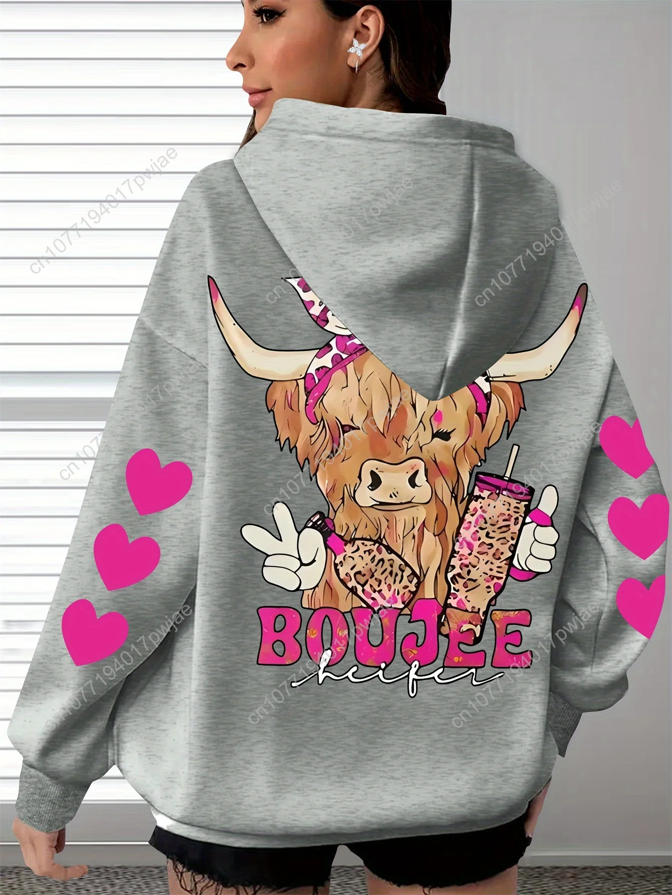 Sweat à capuche surdimensionné pour femme, grande taille, pour la Saint-Valentin, imprimé graphique de vache et de cœurs rose doux avec lettrage BOUJEE, pul polaire confortable