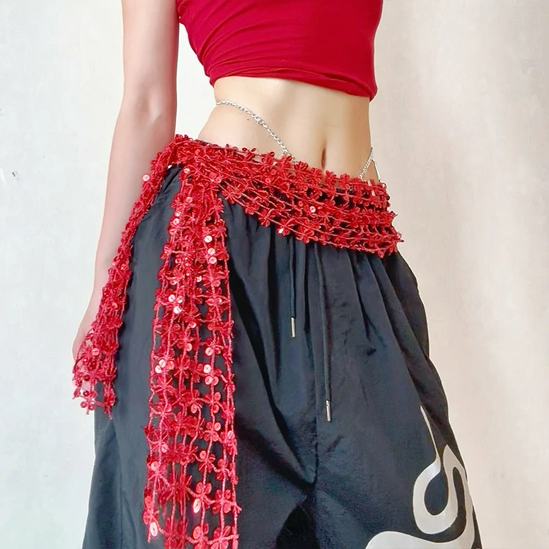 New Sequined Dance Accessories Waist Chain Belly Dance Hula Hip Scarf Kpop Trend Hip Hop Dance Performance Costume Waist Chain