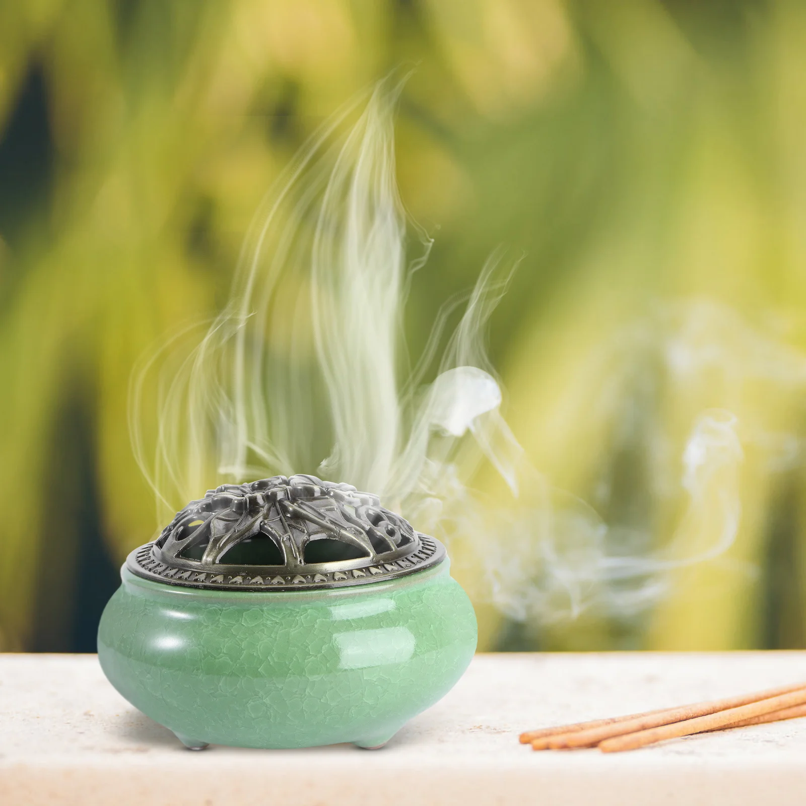 

Cone Incense Burner Alloy Ceramic Ash Catcher Tray Bowl Asakusa Green Traditional 3-Leg Stable Base Suitable for Stick