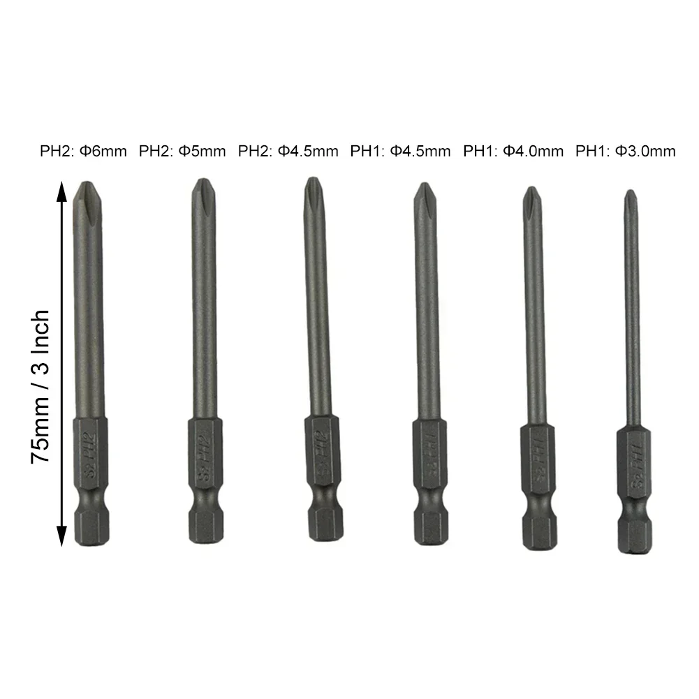 

6PcsSet, 14'' Shank, 75mm Long Hex Cross Head Screwdriver Bit, Magnetic, Suitable For Major And Small Appliances