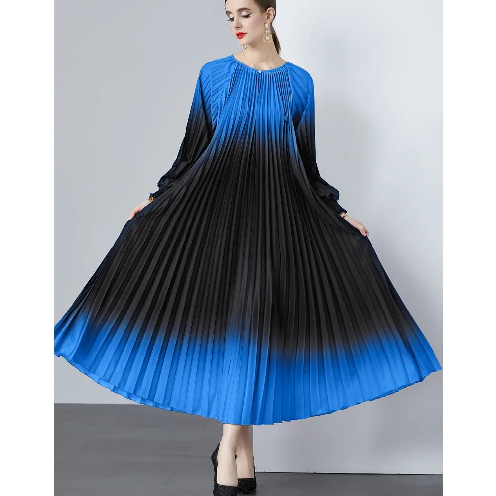 2024 신상 여성 드레스 아코디언 플리츠 슈퍼 롱 스커트 루즈핏 허리 라운드넥 X라인 미디 기장 폴리에스터 섬유