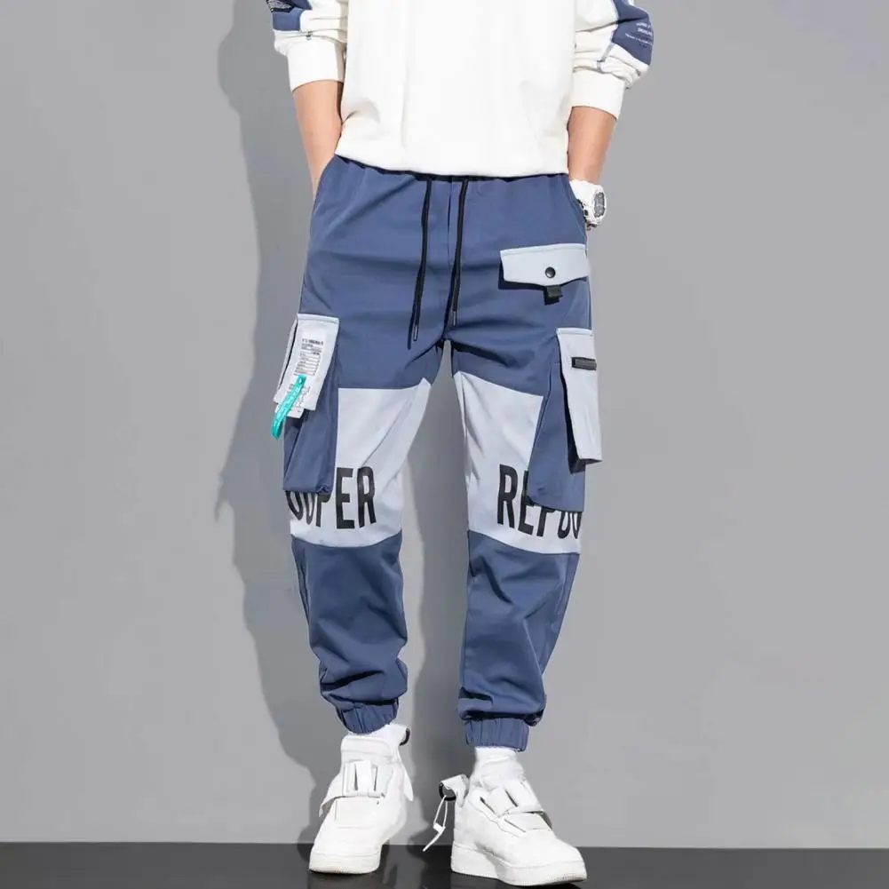 

High Street Trousers Men's Cargo Pants with Drawstring Waist Multiple Pockets Featuring Letter Print Ankle-banded for Any