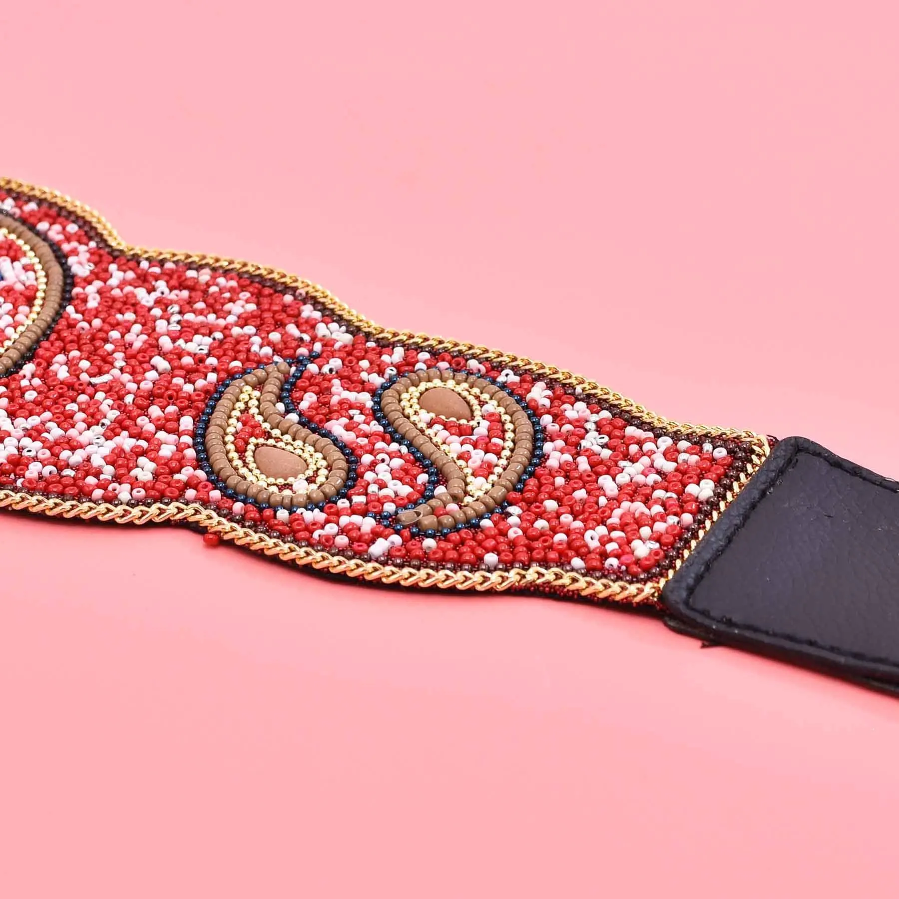 Beads Women Belt Colorful Acrylic Ethnic Elastic Statement Waist Belts Vintage Red Leather