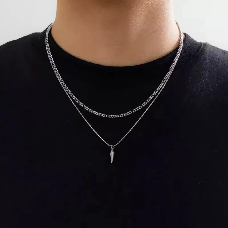 2PCS Punk Style Creative New Rivet Pendant Thin Snake Chain Men's Punk Gold Silver Cuban Chain Necklace