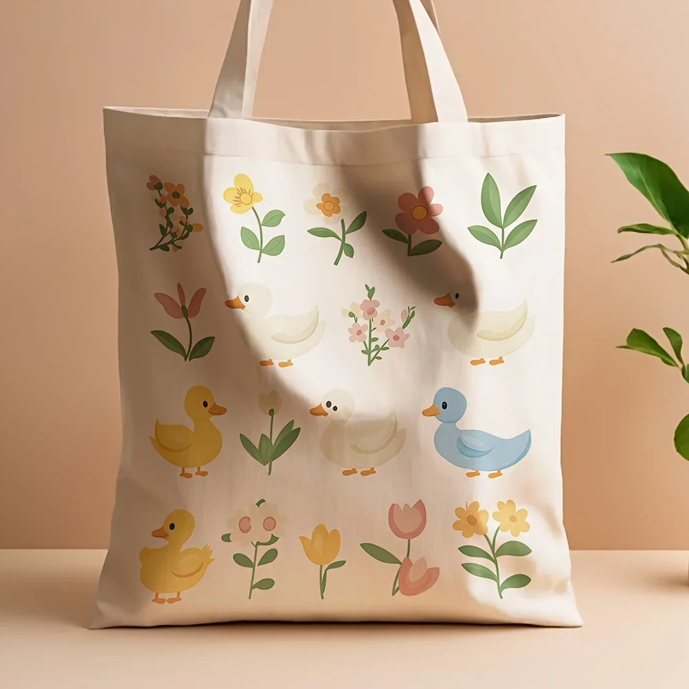 1pc Charming Duck & Flower Pattern Canvas Tote Bag - Reusable, High-Quality Grocery Shopping Bag, 35.05cm x 40.13cm, Ideal for D