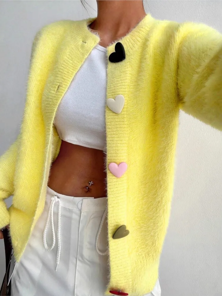 Single-row Buckle Cardigan For Woman Elegance Heart-shaped Button Long Sleeves Yellow Sweater Autumn Winter Ladies Warm Sweaters