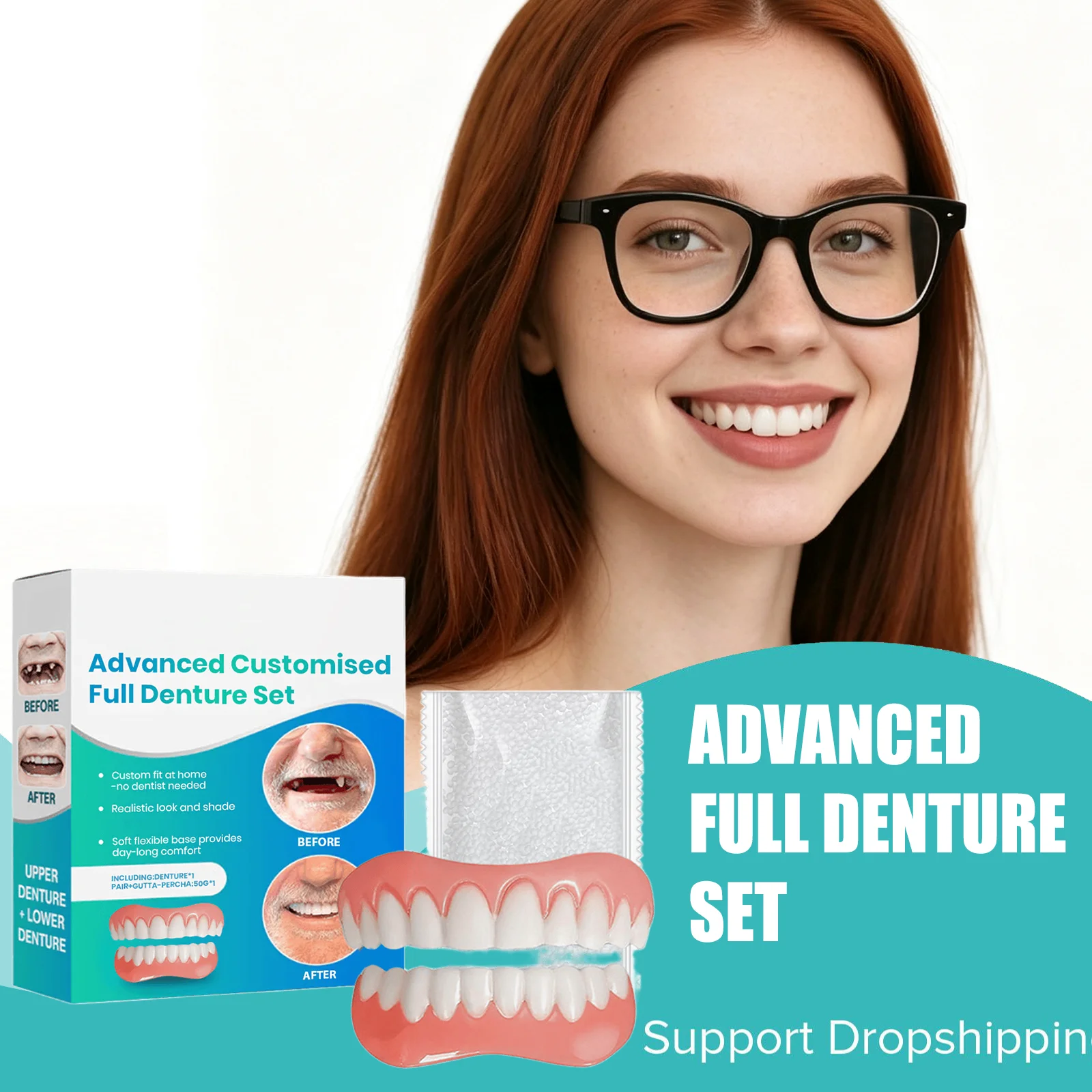 Advanced Full Denture Set Upper Lower Fake Teeth Comfort Fit Natural Looking Improve Missing Teeth Restore Confident Smile 1pcs