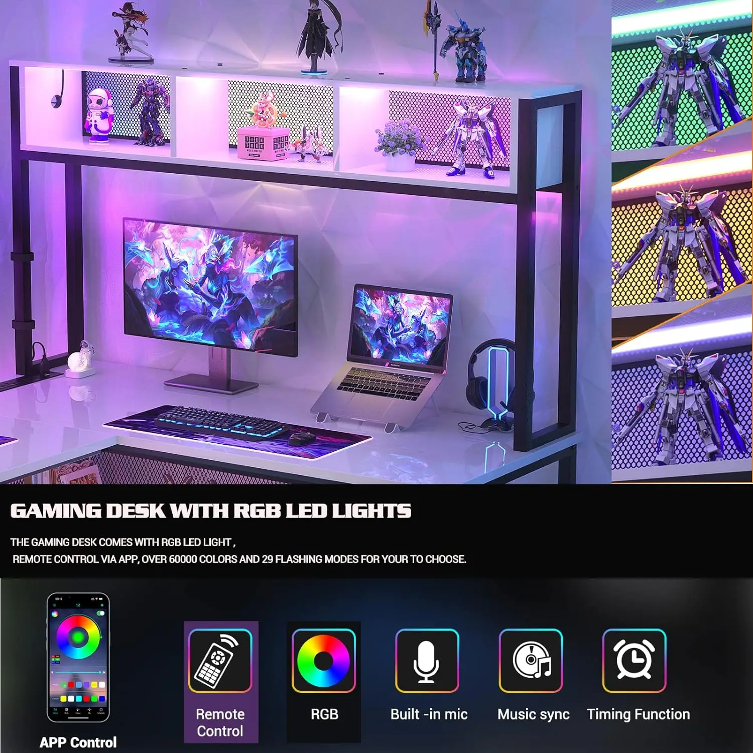 L Shaped Computer Desk with LED Strip and Power Outlets, Storage Shelves and Bag