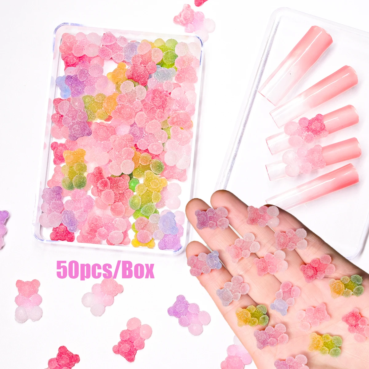 50pcs/Box Candy Bear Soft Sugar Effect Jelly Jewelry 3D Bear Nail Parts Kit For Nail Art Decorations DIY Charms Kawaii Accessory