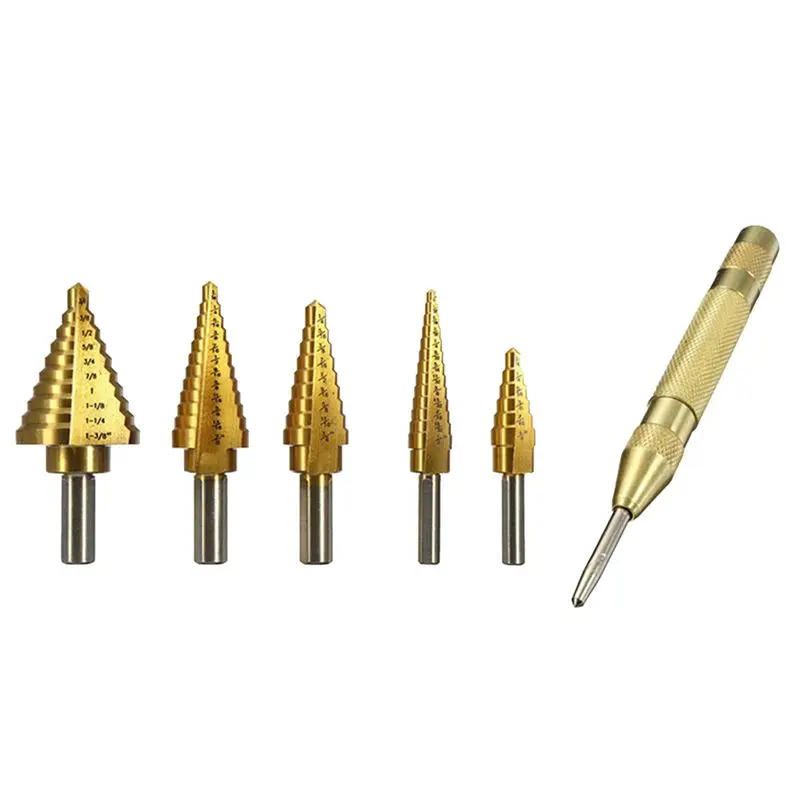 A58Z 6Pcs 1/4 3/8 Inch HSS Straight Groove Step Drill Bit Titanium Coated Wood Metal Hole Cutter Core Drilling Tools Set