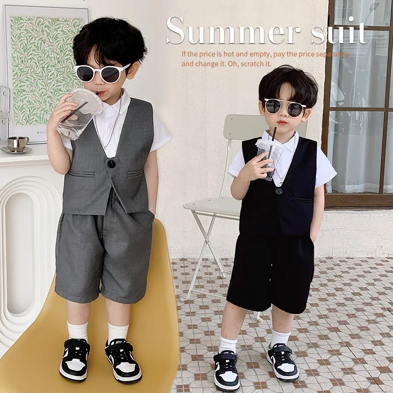 

2022 Summer Boys Vest Suit Set Children Waistcoat Shorts 2pcs Clothing Set Kids Catwalk Performance Handsome Costumes