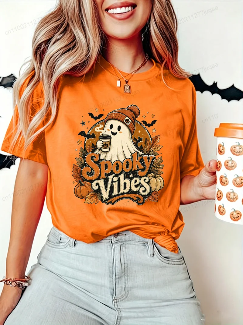 Damen Halloween Spooky Vibes Geister-Print T-Shirt Geister-Kaffee-Kürbis-Fledermaus-Grafik-T-Shirts Kurzarm-Oberteile Halloween-Party-T-Shirt – Detail 2