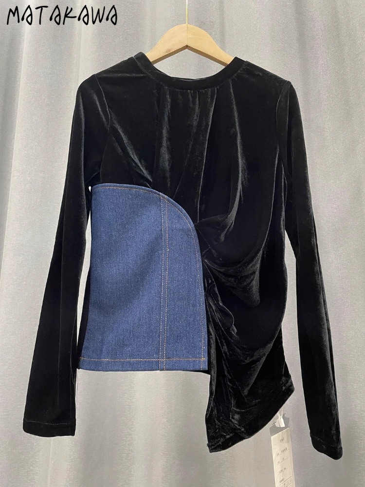

Matakawa Denim Velvet T Shirt for Women Contrast Color Autumn Winter Ropa De Mujer Korean Fashion Elegant Vintage Camisetas