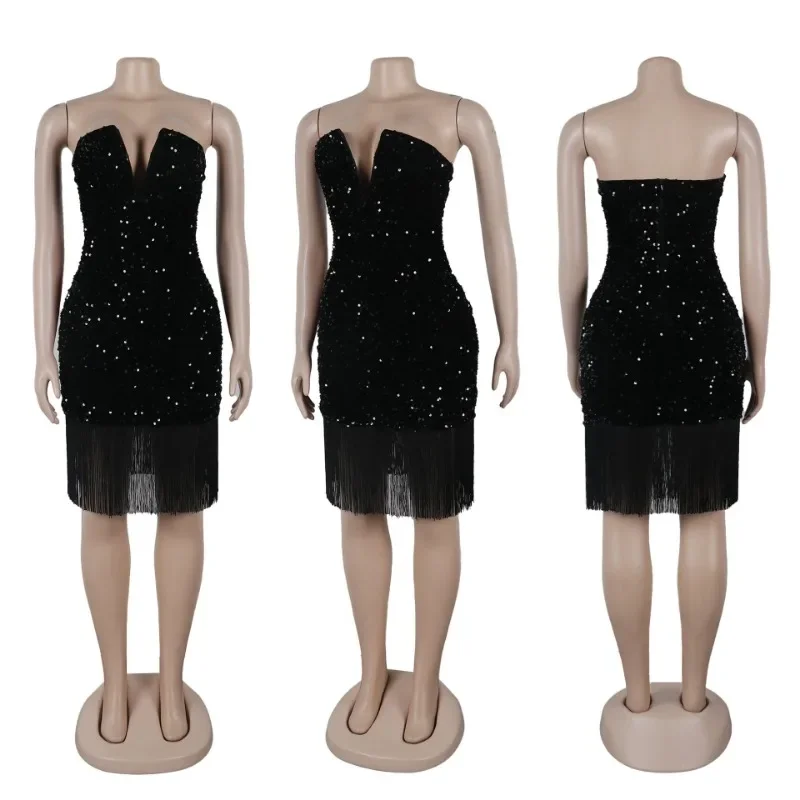 KEXU Glitter paillettes Sexy Party Womens Dresses compleanno Nightclub Tube senza spalline con scollo a v nappa Hem Prom abiti da Cocktail