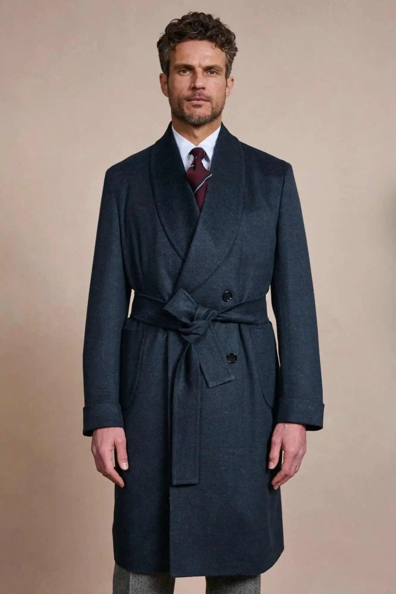 Modern Men Long Coat Double Breasted Shawl Lapel Business Blazers With Sash Winter Warm Long Sleeve Man Overcoat   Customized