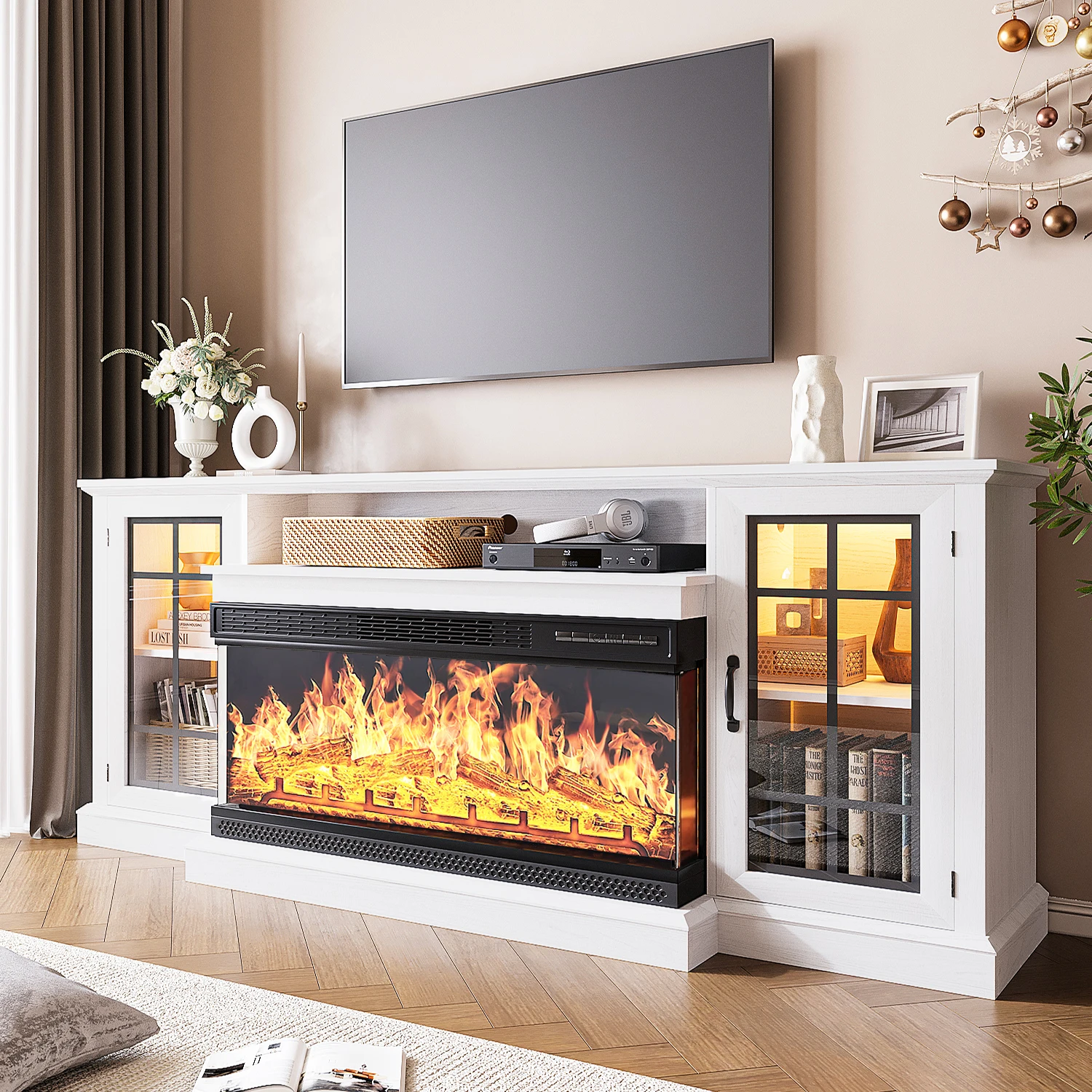 36 Inch 3-Sided Glass Fireplace TV Stand for TVs up to 80