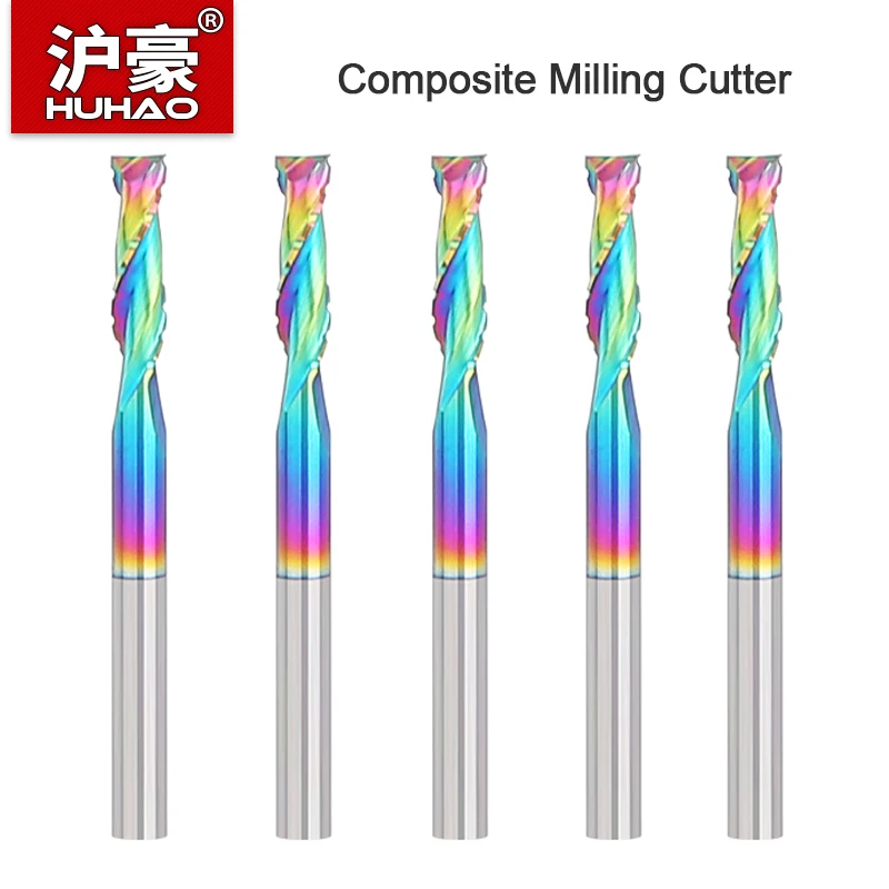 

HUHAO 2-флейтовая спиральная твердосплавная стальная фреза с DLC-покрытием, композитная концевая фреза с ЧПУ, инструмент для дерева, ДСП, акрил