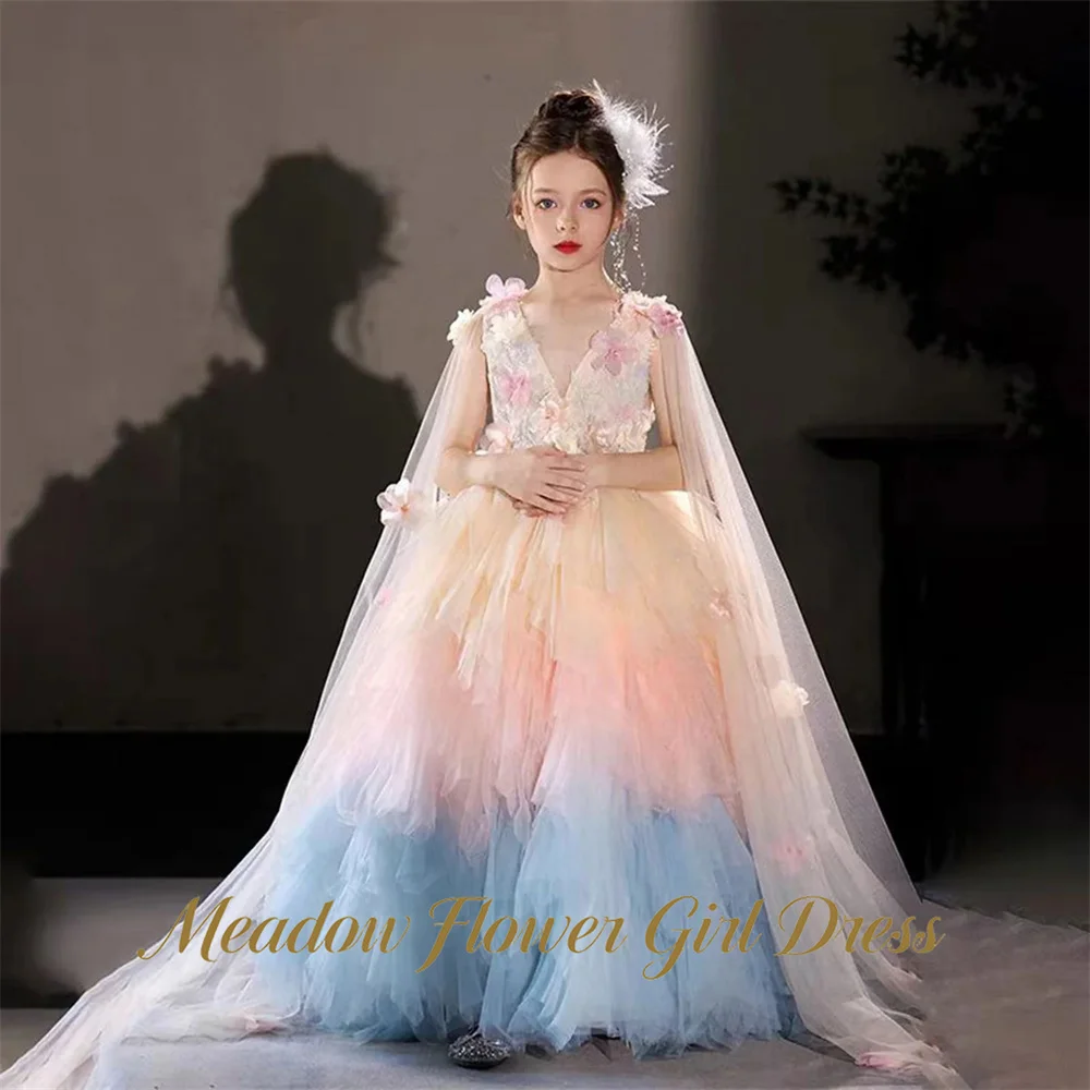 Meadow Pastel Ombre Pageant Dress for Girl V Neck Children Birthday Wedding Dresses with Flowers Ball Gown Party Tutu Dresses