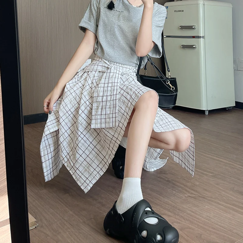 2026 Summer Irregular Plaid Skirts Women Vinatge A Line Lace Up Short Skirt Woman Streetwear High Waist Shirt Skirts Female